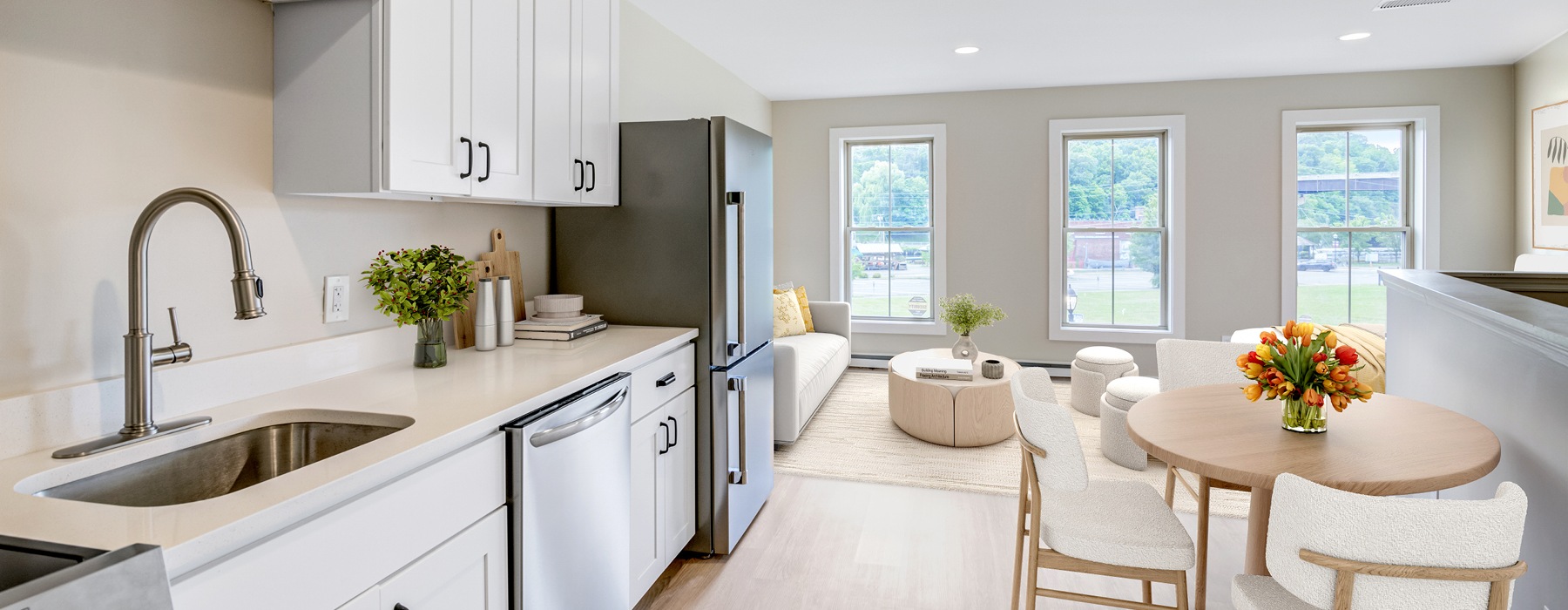 bright, open concept apartment interiors